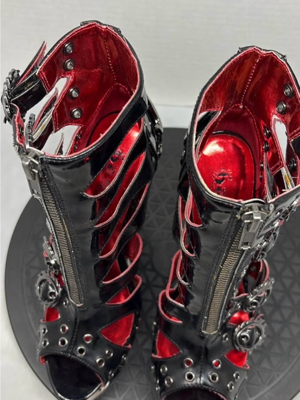 Gothic Black & Red Strappy High Heel Booties - Picture 6 of 6